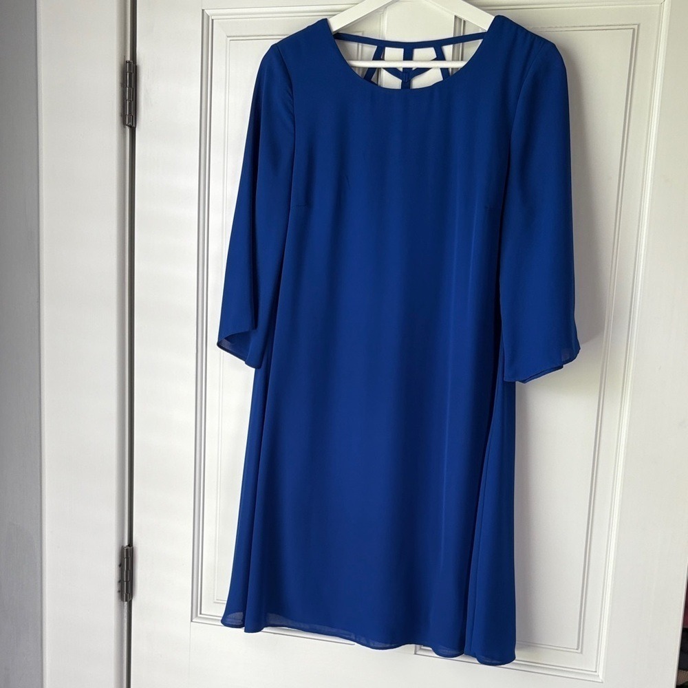 Apt. 9 Shift Dress 4 Royal Blue Strappy Cage Back 3/4 Bell Sleeve Mini Dress - Picture 1 of 5